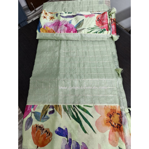 Designer Pista Green Tissue Saree with Zari Checks & Floral Border - FS214 Designer Pista Green Tissue Saree with Zari Checks & Floral Border - FS214