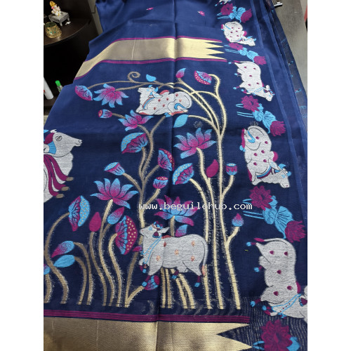 Dark Blue Fancy Cotton Saree with Pichwai Jamdani Work - FS227