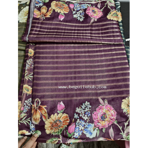 Dark Purple Tussar Saree with Golden Zari Stripes & Floral Zari-Work Border - FS228 Dark Purple Tussar Saree with Golden Zari Stripes & Floral Zari-Work Border - FS228
