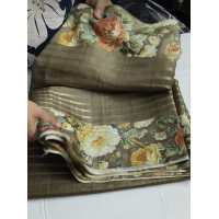 Elegant Tusser Saree with Golden Zari Stripes & Floral Print Border - FS230 