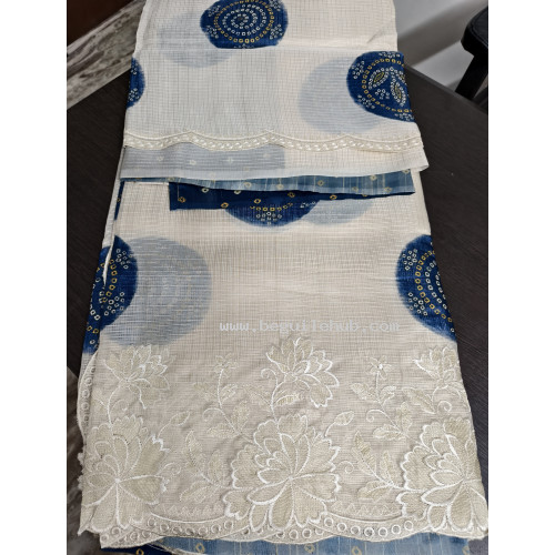 Designer Off-White Kota Saree with Bandini Print & Embroidered Borders - FS264 Designer Off-White Kota Saree with Bandini Print & Embroidered Borders - FS264