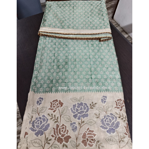 Designer Light Green Tussar Saree with Block Print, Embroidered Borders & Striped Pallu - FS267 Designer Light Green Tussar Saree with Block Print, Embroidered Borders & Striped Pallu - FS267