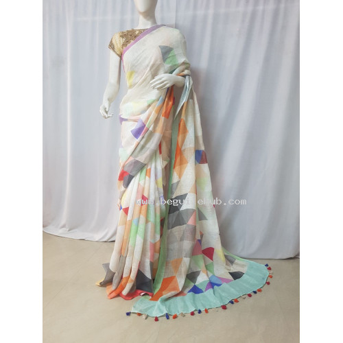 White Linen Saree with Digital Prints