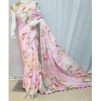 Pink Floral Digital Printed Linen Saree 