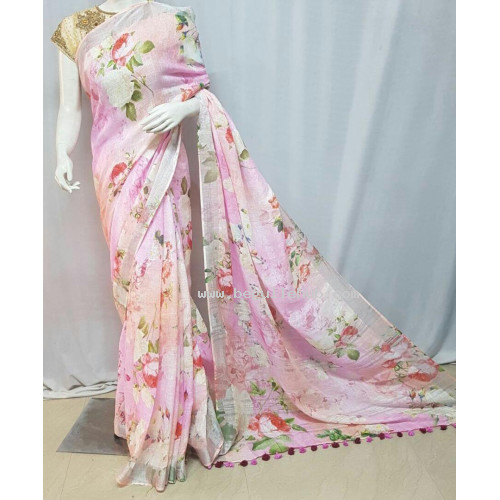 Pink Floral Digital Printed Linen Saree 