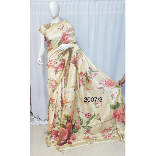 Beige linen saree with floral prints