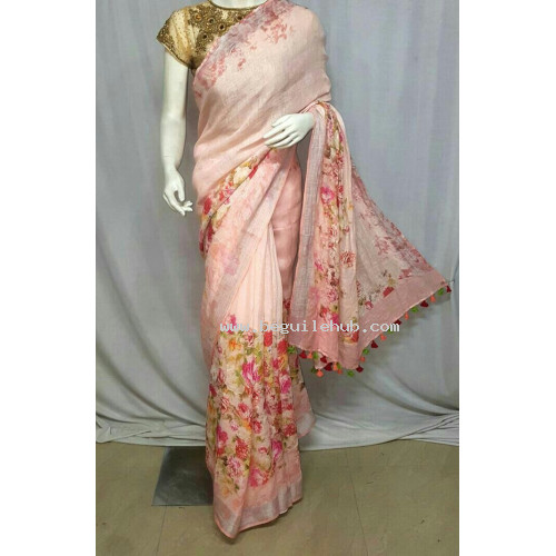 Pink Floral Digital Printed Linen Saree