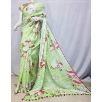 Pastel Green Linen Saree with Floral prints