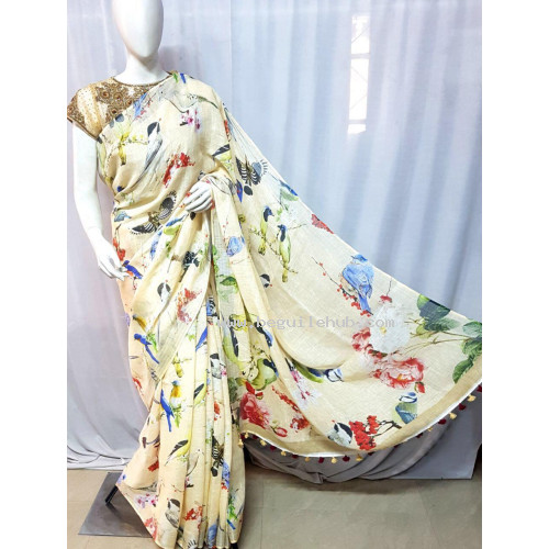 Linen saree with nature prints