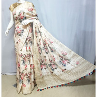 Ivory Linen saree with floral prints