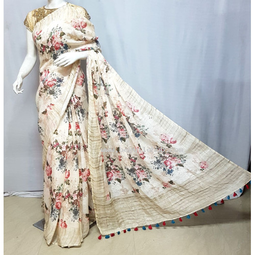 Ivory Linen saree with floral prints