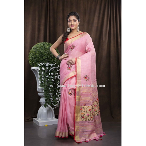 Beautiful Pure Handloom Pink Linen Sarees  - HC066