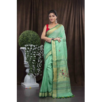 Beautiful Pure Handloom Green Linen Sarees  - HC069