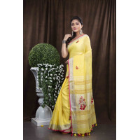 Beautiful Pure Handloom Light Yellow Linen Saree  - HC078