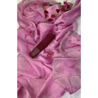 Silk Linen Embroidery Saree – HJ003 - Pink