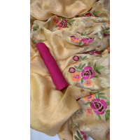 Silk Linen Embroidery Saree – HJ004 - Gold