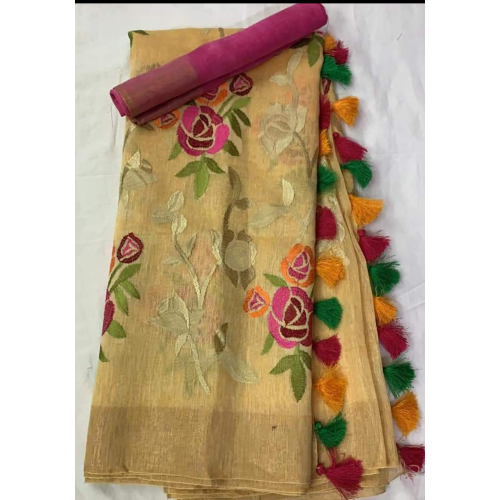 Silk Linen Embroidery Saree – HJ005 - Gold