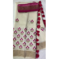 Silk Linen Embroidery Saree – HJ007 - White