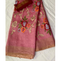 Silk Linen Embroidery Saree – HJ008 - Pink