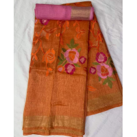 Silk Linen Embroidery Saree – HJ009 - Orange