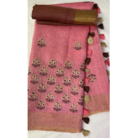 Silk Linen Embroidery Saree – HJ010 - Pink
