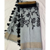 Silk Linen Embroidery Saree – HJ011 - Black