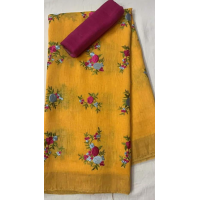 Silk Linen Embroidery Saree – HJ012 - Yellow