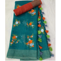 Silk Linen Embroidery Saree – HJ013 - Blue