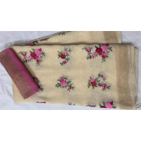 Silk Linen Embroidery Saree – HJ014 - White
