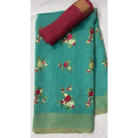 Silk Linen Embroidery Saree – HJ015 - Green