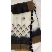 Silk Linen Embroidery Saree – HJ018 - White & Black