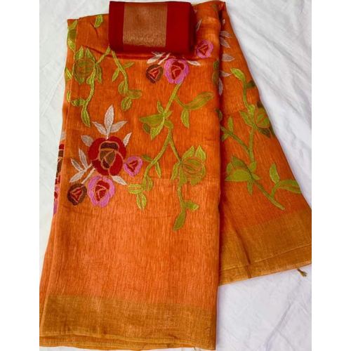 Silk Linen Embroidery Saree – HJ019 - Orange