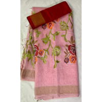 Silk Linen Embroidery Saree – HJ020 - Pink