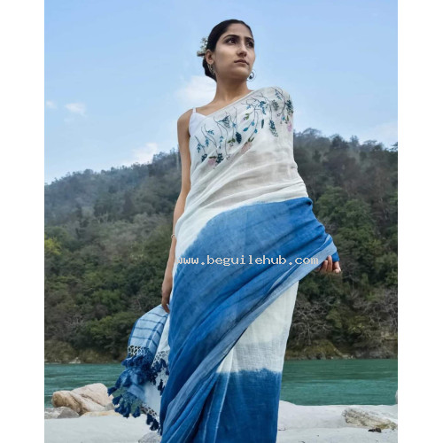 Pure Handloom Zari Embroidered Linen Saree – HJ056 - White/Blue