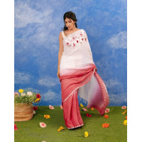 Pure Handloom Zari Embroidered Linen Saree – HJ057 - White/Pink