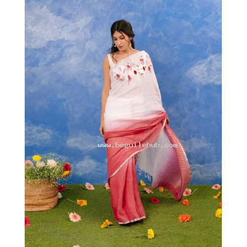 Pure Handloom Zari Embroidered Linen Saree – HJ057 - White/Pink