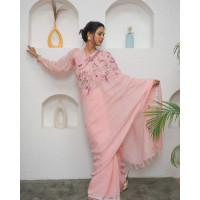 Pure Handloom Zari Embroidered Linen Saree – HJ058 - Pink