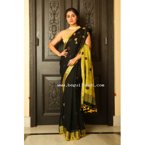 Pure Handloom Zari Embroidered Linen Saree – HJ060 - Black Pure Handloom Zari Embroidered Linen Saree – HJ060 - Black