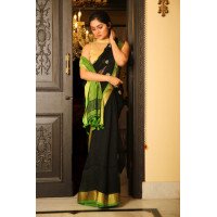 Pure Handloom Zari Embroidered Linen Saree – HJ062 - Black/Green