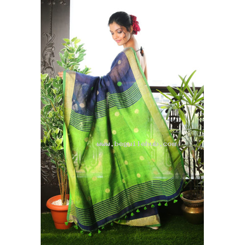Pure Handloom Zari Embroidered Linen Saree – HJ064 - Navy Blue/Green
