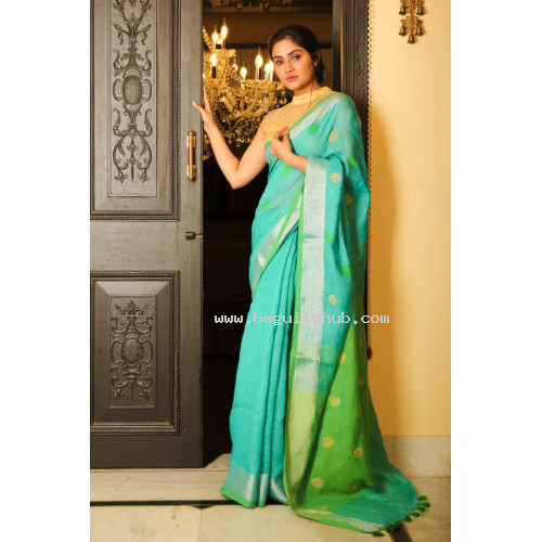 Pure Handloom Zari Embroidered Linen Saree – HJ065 - Light Blue/Light Green