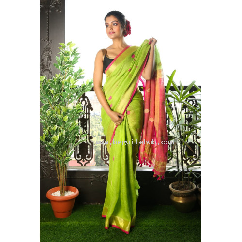 Pure Handloom Zari Embroidered Linen Saree – HJ066 - Green/Pink