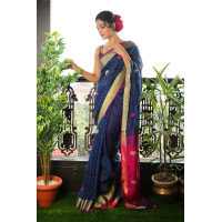 Pure Handloom Zari Embroidered Linen Saree – HJ067 - Navy Blue/Pink