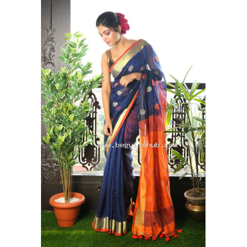 Pure Handloom Zari Embroidered Linen Saree – HJ068 - Navy Blue/Orange