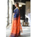 Pure Handloom Zari Embroidered Linen Saree – HJ068 - Navy Blue/Orange