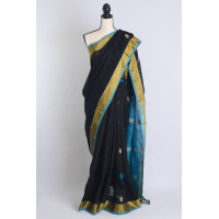 Pure Handloom Zari Embroidered Linen Saree – HJ069 - Black/Blue