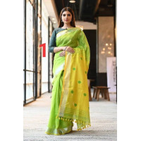 Pure Handloom Zari Embroidered Linen Saree – HJ070 - Green