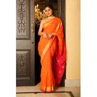 Pure Handloom Zari Embroidered Linen Saree – HJ071 - Orange/Pink