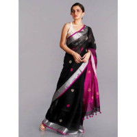 Pure Handloom Zari Embroidered Linen Saree – HJ072 - Black/Pink