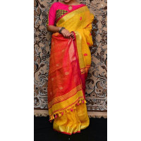 Pure Handloom Zari Embroidered Linen Saree – HJ073- Yellow/Pink